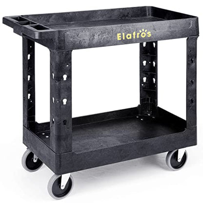 2-Tier Utility Rolling Cart, 34 x 17 in, 5" Swivel Wheels, 550lb | Deep Tub Shelves, Plastic Service Cart, Work Cart, Tool Cart, Tub Storage Organizer, Warehouse Garage Cleaning Supplies