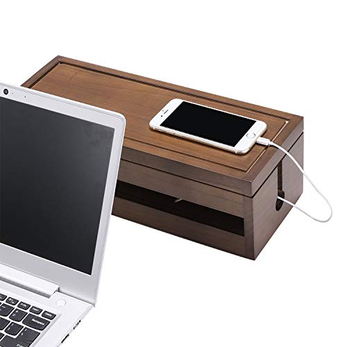 Changsuo Cable Management Box Wooden Cord Organizer Box for Extension Cord Power Stripe Surge Protector Wire Management Concealer Cover Hider for Desktop Home Office Kitchen (Brown)