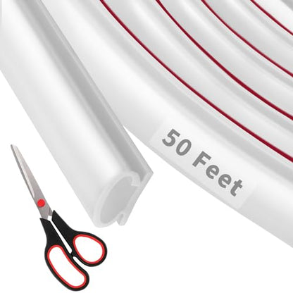 50 Feet D-Shape Rubber Weather Stripping Door Seal Strip, Self-Adhesive Backing Door Weatherstripping for Door Frame Insulation Large Gap, Easy Cut to Size with Tailor Scissors(White)