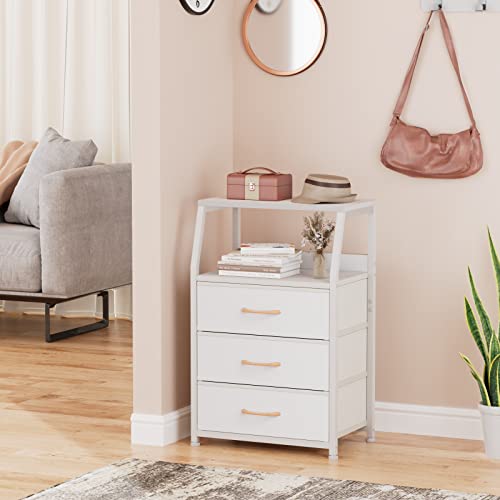 White Night Stand with 3 Fabric Drawers, Small Bedside Table | 2-Tier Shelf, Nightstand with Drawer for Bedroom, Storage Cabinet for Dorm, Closet, Living Room, Sturdy Steel Frame, Wood Top