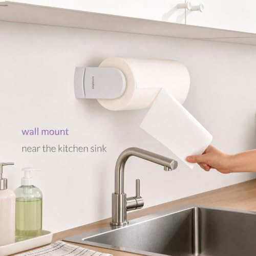 ONE Hand Simple Tear Paper Towel Holder Under Cabinet (White) | tension arms, tear one/more sheets at one time | aluminum alloy+abs | adhesive or drilling for wall/cabinet | for 28cm roll