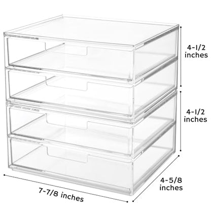 STORi Stackable Desk Drawer Organizer, Clear Pen Pencil Makeup Brush Holder for Desktops and Vanities, 4 Wide Drawers (Made in USA)