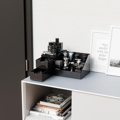 Makeup Organizer with 2 Drawer,Black Cologne Organizer for Men,Cologne Stand and Rack,Skin Care,Perfume Organizer Holder and Fragrance Shelf for Vanity,Bathroom Countertop and Dresser Top,1PCS
