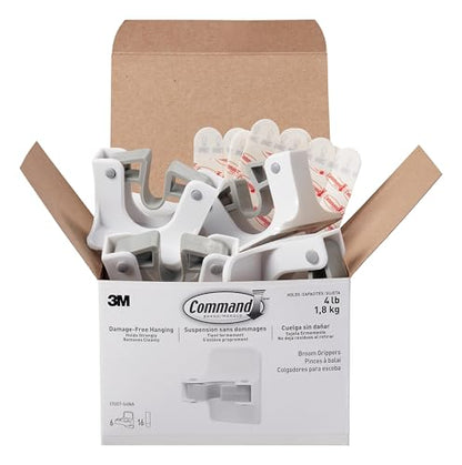 Command Large White Broom Grippers, 6 Grippers, 16 Strips | Damage-Free Hanging Wall Mount Broom and Mop Holder, No Tools Holiday Cleaning Organizer, Holds up to 4 lb