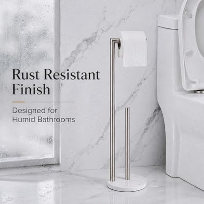 Marble Toilet Paper Holder Stand - Brushed Nickel, Freestanding with Storage, Floor Stand, Silver Toilet Roll Holder, Standing Paper Towel Holder