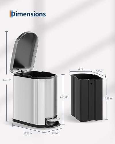 GarveeHome 1.6 Gal Step-On Trash Can, Stainless Steel Small Bathroom Garbage Bin with Soft Close Lid, Slim Space-Saving Design, Removable Inner Bucket for Bathroom, Bedroom, Office, Silver