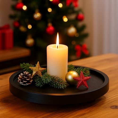 Black Round Decorative Wooden Tray for Bathroom Counter Table Trays Decor | Circle Wood Riser Kitchen Counter Soap Sink Vanity Trays Lazy Susan Candle Pedestal Stand Bandeja Decorativas Small Oil Tray