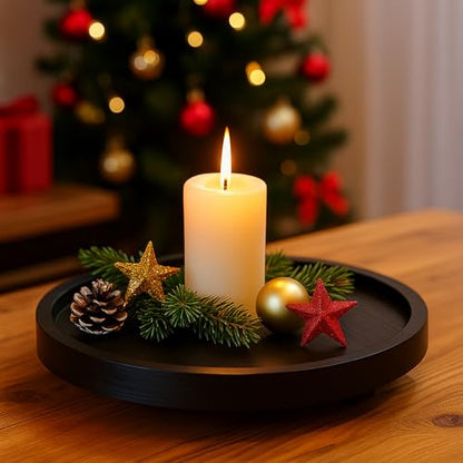 Black Round Decorative Wooden Tray for Bathroom Counter Table Trays Decor | Circle Wood Riser Kitchen Counter Soap Sink Vanity Trays Lazy Susan Candle Pedestal Stand Bandeja Decorativas Small Oil Tray