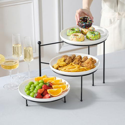 MALACASA White 3 Tier Serving Tray Stand with Black Rack, 10 Inch Porcelain Tiered Dessert Stand for Cupcakes, Cakes, Fruit & Appetizers, Ceramic Serving Platter for Party, Wedding & Tea Party
