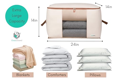 Canvas Storage Bags Designer Organizer for Comforters 2 Pack – Seasonal Storage for Pillows, Blankets, Linens & Garments – Foldable Design with Zip & Window, Moth-Proof Space Saver