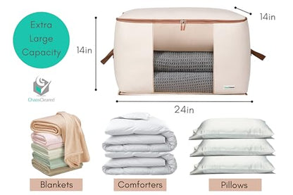 Canvas Storage Bags Designer Organizer for Comforters 2 Pack – Seasonal Storage for Pillows, Blankets, Linens & Garments – Foldable Design with Zip & Window, Moth-Proof Space Saver