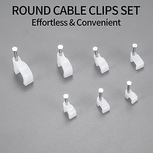 700 Pcs Cable Clips with Steel Nails, Cable Wire Cord Management Clips, White Ethernet Cable/Coax Cable/Cable Cord Holder Staples Clips with Tacks Nails for Wall, 4mm 5mm 6mm 8mm 10mm