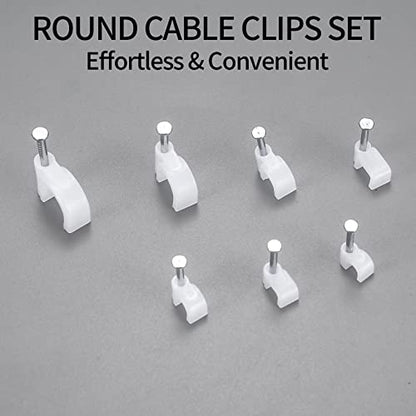 700 Pcs Cable Clips with Steel Nails, Cable Wire Cord Management Clips, White Ethernet Cable/Coax Cable/Cable Cord Holder Staples Clips with Tacks Nails for Wall, 4mm 5mm 6mm 8mm 10mm