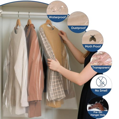 100 Pack 23.6"x70" Garment Bags for Hanging Clothes, Thick Clear Plastic Dry Cleaning Covers for Closet Storage & Travel