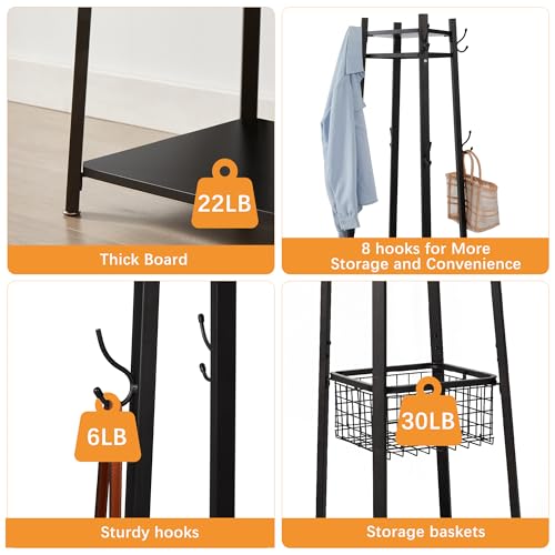 VECELO Coat Rack Freestanding,Hall Tree with Metal Basket and Storage Shelves,Industrial Coat Rack Stand with 8 Hooks for Hanging Coats/Hats/Bags/Umbrellas,18 x 18 x 72 In,Matte Black