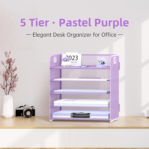 5 Trays Paper Organizer Letter Tray with Handle-Mesh Desk File Holders, Paper Sorter Desk Organizer for Office, Home, Classeoom or School, Purple