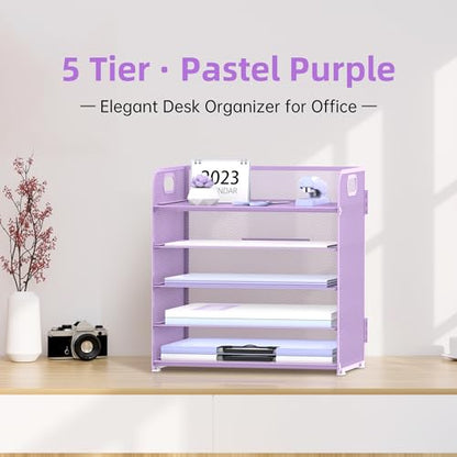 5 Trays Paper Organizer Letter Tray with Handle-Mesh Desk File Holders, Paper Sorter Desk Organizer for Office, Home, Classeoom or School, Purple