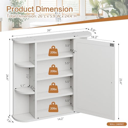 Bathroom Medicine Cabinet, Bathroom Mirror Cabinet Wall Mounted with 6 Side Open Shelves, White Wall Cabinet with Mirror, White