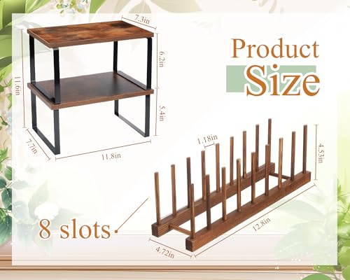 Marsui 4 Pcs Kitchen Organizer Accessories Set for Cabinet,Deep Color | Cabinet Organizer Shelves, Bamboo Dish Drying Plate Rack, Wooden Counter Storage Holder, for Spice Dish Pot Lid Bowl Cup