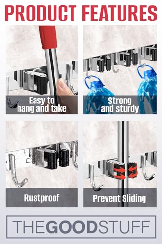 Mop and Broom Holder - Clear Cleaning Clutter and Reclaim Your Space | 5 Racks + 4 Hooks - Rust-Resistant Wall Organizer Holds Cleaning and Garden Tools Securely in Garages and Kitchens