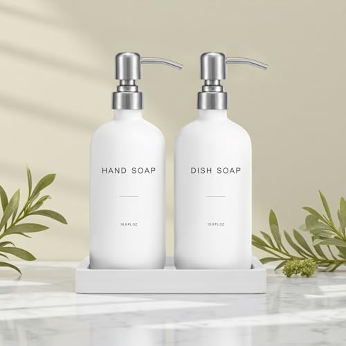 White Soap Dispenser for Kitchen Sink, Silver & White | Dish and Hand Soap Dispenser with Silver Stainless Steel Pump, Perfect for Kitchen Decor and Accessories