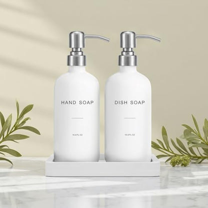 White Soap Dispenser for Kitchen Sink, Silver & White | Dish and Hand Soap Dispenser with Silver Stainless Steel Pump, Perfect for Kitchen Decor and Accessories