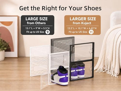 Kuject X-Large Shoe Storage Boxes 12 Pack, Clear Stackable Shoe Organizer | Shoe Case for Closet, Entryway & Under-Bed Storage, Drop-Front Design, Space-Saving Solution for Family Organization,Black