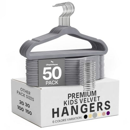 Utopia Home Kids Velvet Hanger 50 Pack – 11" Premium Baby Hangers - Grey | Premium Non-Slip Baby Hangers for Baby and Toddlers, Durable Ultra-Slim Space-Saving Closet Organizers