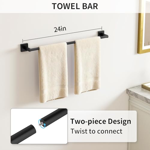 Black Bathroom Accessories Set, 24 inch Towel Racks for Bathroom | Stainless Steel Bathroom Hardware Set, Wall Mounted, 4-Piece