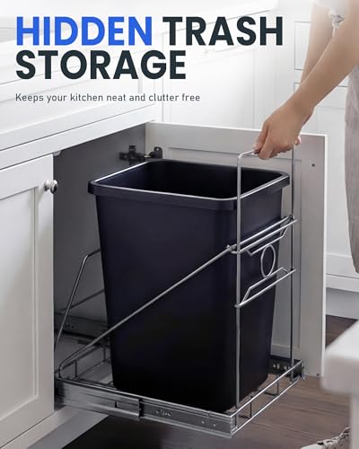 Trash Can Pull Out for Kitchen Cabinet, Silver | Upgraded Under Sink Slide Out Holder Fits Most 7 to 11 Gallon Bins, Requires 12.5"W x 17.3"D x 17.5"H, Bin Not Included