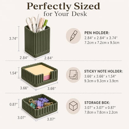 Desk Organizer Set of 3 for Office Accessories - Includes Pen Holder, Paperclip Storage, and Sticky Note Holder - Aesthetic Concrete Desktop Accessories for Women or Men, Office Decor (Green)
