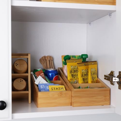 HTB 4-Section Snack Organizer with Removable Dividers for Kitchen 2 Pack | Bamboo Pantry Storage Organization for Spice Packets, Seasoning Pouches, Coffee Pods,Food,Drawer Countertop,Easy Access