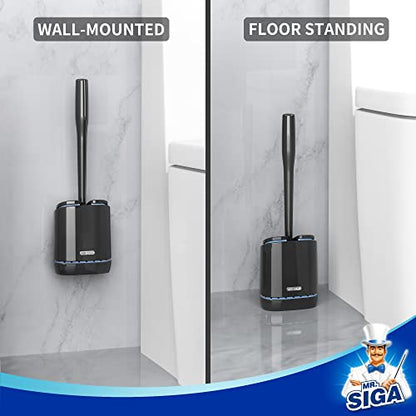 MR.SIGA Toilet Bowl Brush and Holder, Wall Mounted Toilet Brush, Black | Automatic lid design, sturdy handle, upgraded ventilation, flexible thermoplastic rubber head, easy to clean and dry quickly