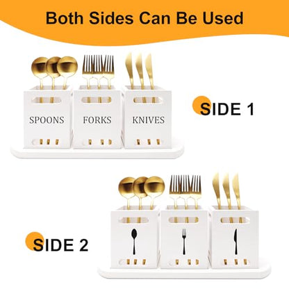 Wooden Flatware Silverware Caddy for Party Cutlery Utensil Holder Counter | Wood Silverware Organizer Countertop Knife Fork and Spoon Holder Table Utensil Caddy Basket White Kitchen Decor Accessories