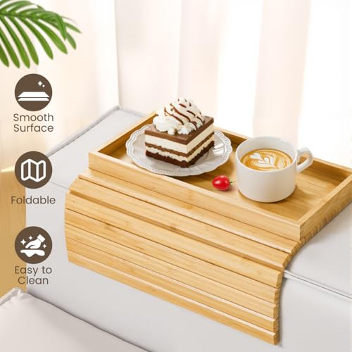Couch Arm Tray, Bamboo Sofa Armrest Tray for Couch，Natural | Anti-Slip Couch Armrest Table, Foldable Couch Cup Holder for Dessert, Phone, Control, Cups