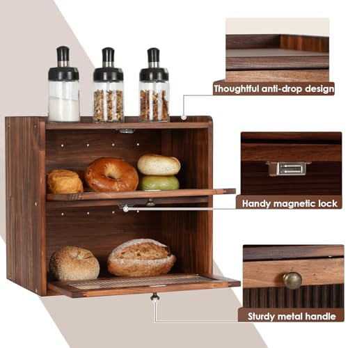 Sunhoo Bread Box for Kitchen Countertop Wooden Bread Storage Container Bin 2 Layer Breadbox Holder Large Capacity Keeper Vintage Farmhouse Food Organizer Pantry Shelf Acrylic Window (Brown)