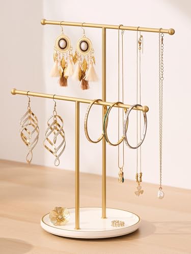 Jewelry Stand with Ceramic Tray, Necklace Holder, Gold Bar White Base | Ceramic Base, Gift for Women & Girls, Hanging Necklace Organizer Tree, Earrings, Bracelets, Rings, small