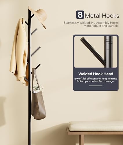 Coat Rack with 8 Hooks, 3 Adjustable Heights, Modern Hall Tree, Sturdy Metal Clothes Stand with Sintered Stone Base for Entryway, Office, Bedroom, for Coats, Hats, Handbags and Scarves, Black