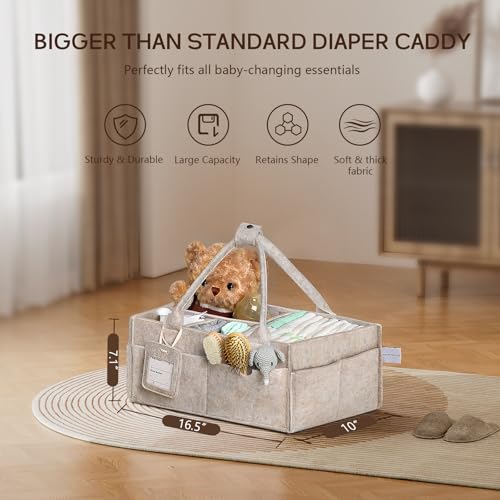 Diaper Caddy Organizer - Large Baby Caddy Organizer with Handle (Oatmeal) | Newborn Registry Essentials, Portable Nursery Storage Bin for Wipes, Bottles, Baby Shower Basket Gifts for Boys or Girls
