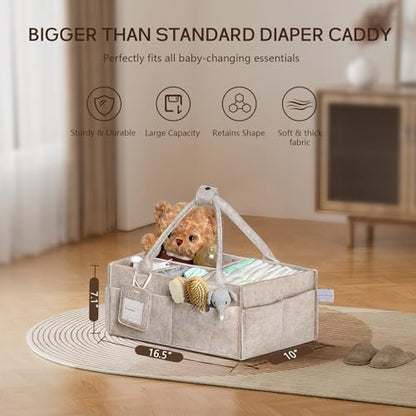 Diaper Caddy Organizer - Large Baby Caddy Organizer with Handle (Oatmeal) | Newborn Registry Essentials, Portable Nursery Storage Bin for Wipes, Bottles, Baby Shower Basket Gifts for Boys or Girls
