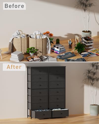 Mifuro Tall Fabric Dresser for Bedroom, Vertical Storage Organizer Tower with 7 Drawers, Chest of Drawers with Bins, Steel Frame, Wood Top for Bedroom, Closet, Entryway Grey