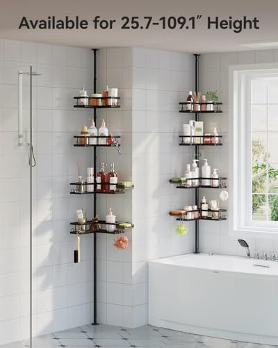 Corner Shower Caddy Tension Pole, 25.7-109.1in Adjustable Shower Shelves, Rust-Resistant Shower Organizer, No-Drill 3-Step Installation, Bathroom Shelves for Renters & Family, Black