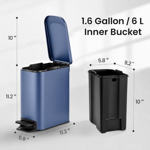 TIPGO Slim Bathroom Trash Can with Lid Soft Close, Step Pedal, 6 Liter / 1.6 Gallon Stainless Steel Trash Bin, Small Garbage Can for Bedroom, Office, Kitchen (Navy Blue)