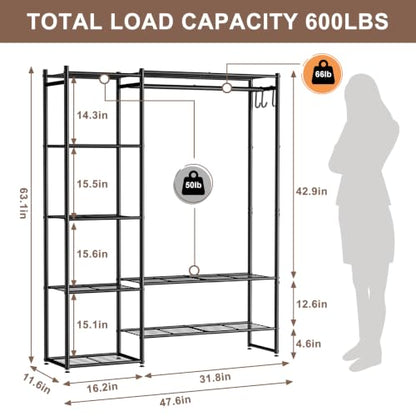 Closet Wardrobe, Closet Organizers and Storage System, Metal Clothes Rack | All in one, With 4 Tiers Shelves, Portable & Free Standing, for Hanging Clothes, for Cloakroom Bedroom