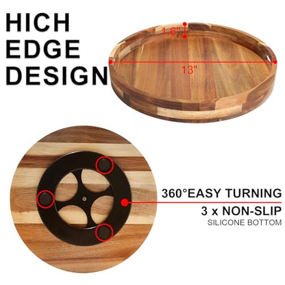 Acacia Wooden Lazy Susan for Table Top-12 Inch Wooden Lazy Susan Turntable with Double Handle-Large Acacia Wooden-Spice Organizer for Countertop, Table, Cabinet