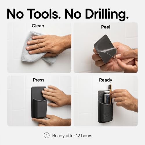 TOOLETRIES The Henry Essentials Holder, Bathroom Organizer - Charcoal | Silicone bathroom organiser with a reusable adhesive mount for everyday toiletries and grooming essentials.