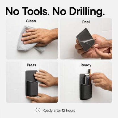 TOOLETRIES The Henry Essentials Holder, Bathroom Organizer - Charcoal | Silicone bathroom organiser with a reusable adhesive mount for everyday toiletries and grooming essentials.
