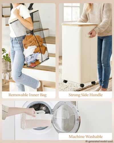 Laundry Hamper with Wheels, 75L Rolling Laundry Basket, Removable Inner Bag | Clothes Hampers for Laundry, Collapsible Dirty Clothes Hamper for Dorm, Bedroom, Bathroom, Laundry Room