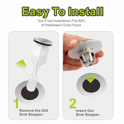 Pop Up Sink Drain Stopper Hair Catcher - Brushed Nickel 2 Pack | Universal bathroom， Fits 1-1/8 & 1-1/2 drains， Rust resistant brass， Waste plug drain replacement， Tool free quick odor stop.