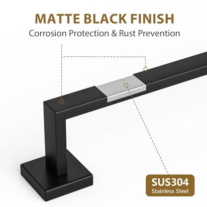24 Inch Matte Black Towel Bar, Square Base, Total Length 26-Inch | Thicken Towel Rack for Bathroom Wall, SUS304 Stainless Steel Towel Rod, Modern Home Decor